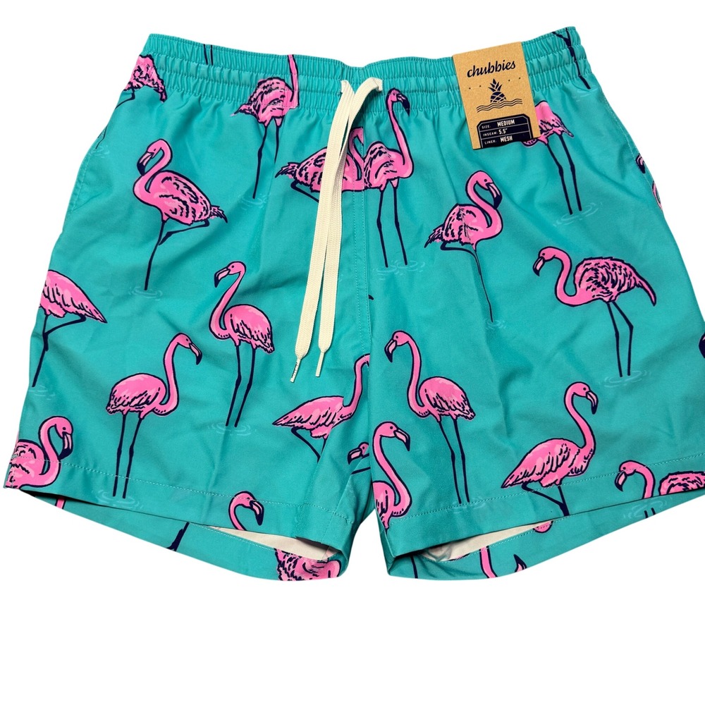 Chubbies Mens Teal Pink Flamingo Print Swim Trunks 5.5 Inch Inseam Medium